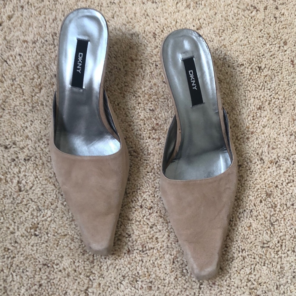 DKNY tan suede mules